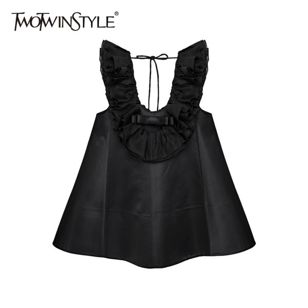 

patchwork ruffle dress for women square collar sleeveless high waist black dresses female fashion clothes 210423, Black;gray
