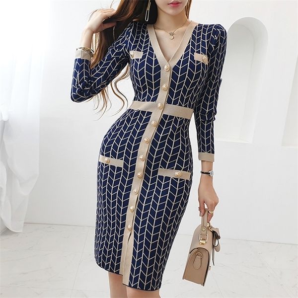 

korean knitted womens sweater clothes plaid dress fall winter split elegant slim waist vintage dress vestido 220817, Black;gray