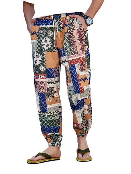 

men random patchwork print drawstring waist pants o9s8#, Black