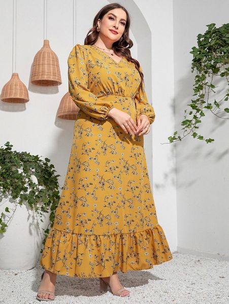 

plus allover floral print bishop sleeve ruffle hem dress z3oe#, Black