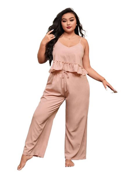 

plus frilled tie front pj set z7fh#, Black;white