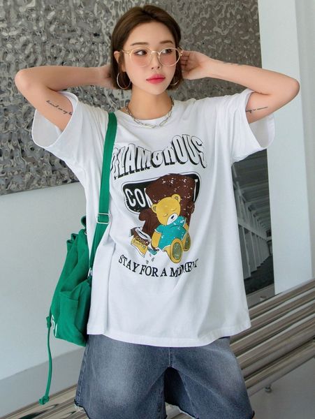 

dazy bear & slogan graphic drop shoulder tee d1eb#, White