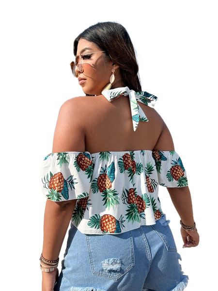 

plus pineapple & tropical print halter neck blouse 05rv#, Black
