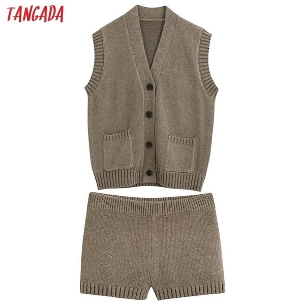 

tangada women knit tracksuit sets oversized sleeveless sweater shorts suit 2 pieces sets jumper shorts suits be676 210331, Gray