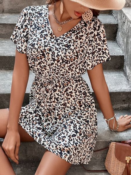 

leopard print flutter sleeve belted dress s5qz#, Black;gray