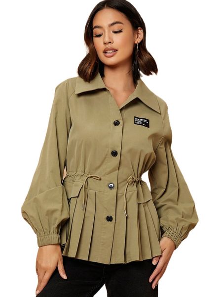 

patched detail raglan sleeve drawstring waist pleated hem coat o0jh#, Black