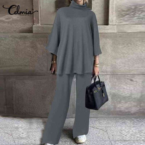 

2022 fashion women 2 pieces autumn pant high set collar 3/4 sleeve and wide leg long pants casual loose solid suits t220729, Gray