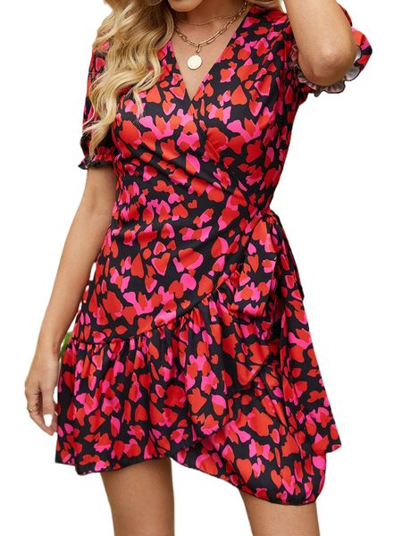 

allover print puff sleeve ruffle trim wrap knot side dress t6hn#, Black;gray