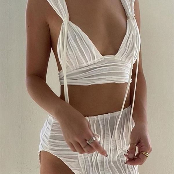 

jacuqeline summer see through beach skirts set women y2k jacquard knitted 2 piece sets tank and split mini dress 220712, White