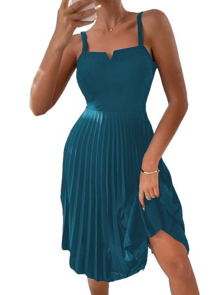 

notched neckline pleated cami dress h94k#, Black;gray