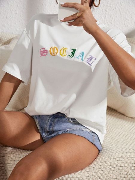 

letter embroidery drop shoulder tee 98br#, White