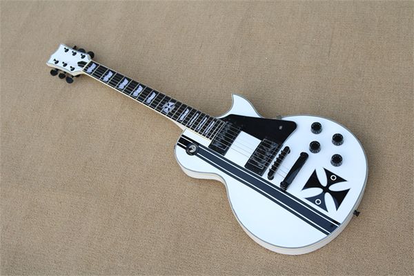 

cross james hetfield white electric guitar, black hardware, mahogany body