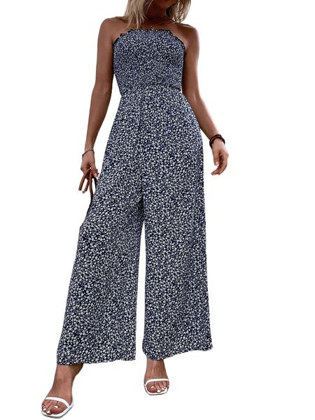 

ditsy floral shirred frill trim wide leg tube jumpsuit 22hy#, Black;white