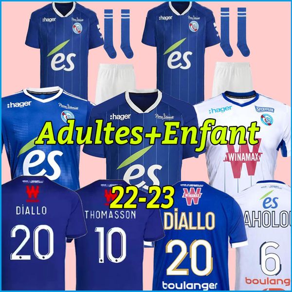 

rc strasbourg 2022 2023 soccer jerseys home blue away gameiro aholou thomasson 21 22 23 diallo djiku lienard ajorque maillot de foot footbal, Black;yellow