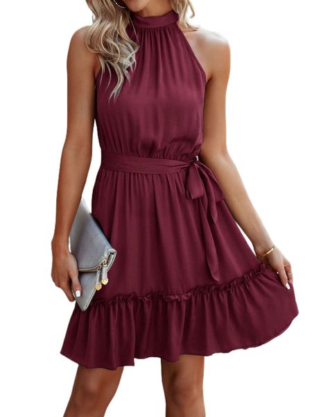 

frill trim tie back belted halter dress f1x2#, Black;gray