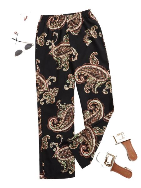 

paisley print elastic waist pants 04bt#, Black;white