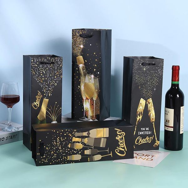 Confezione regalo Singola bottiglia di vetro per vino rosso Borsa Set Borsa di carta Scatola portatile Imballaggio Bevanda Champagne Maniglia Nastro Decor Borse Regalo