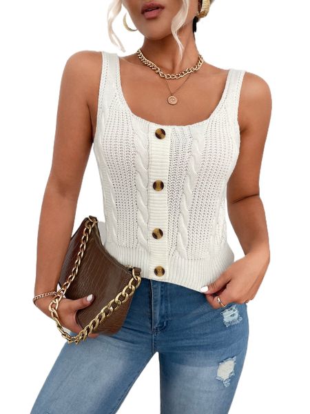 

button front cable tank knit a7ll#, White;black