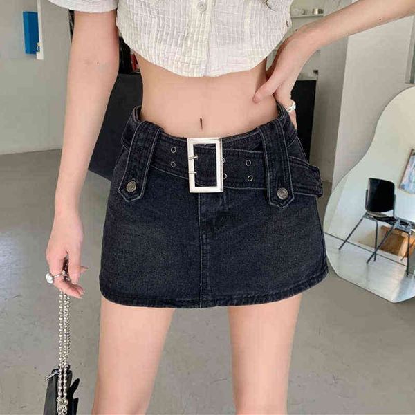 Houzhou seksi punk denim mikro etek kadınlar y2k skort yaz Kore Kemeri Düşük bel ince siyah kot pantolon etek şortu eGirl Streetwear T220819