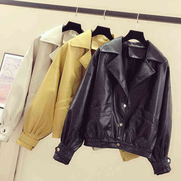 

new women vintage faux leather jacket loose coat single breasted motorcycle leather jackets ladies short outwear l220728, Black