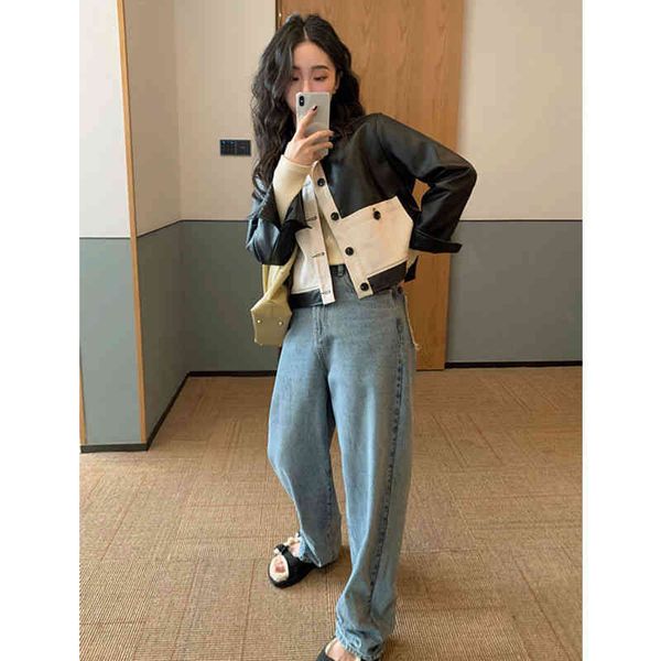 

women's leather & faux contrast color short motorcycle leather coat autumn women's korean design cool style minority 1d33, Black
