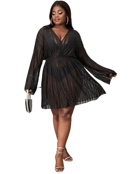 

sxy plus drop shoulder mesh dress without lingerie set l1nh#, Black