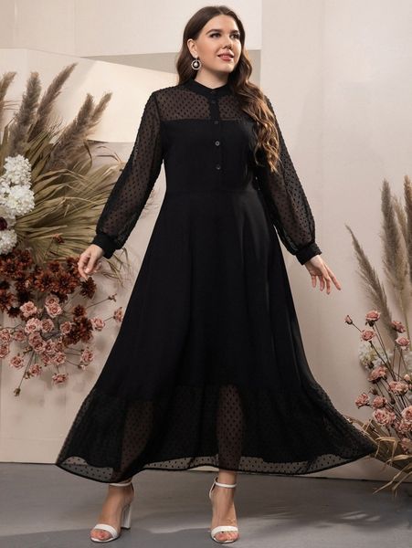 

plus swiss dot bishop sleeve ruffle hem dress v1yb#, Black