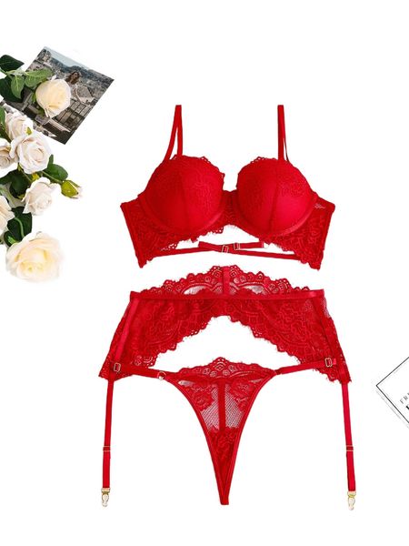 

lace underwire garter lingerie set r8ex#, Black;red