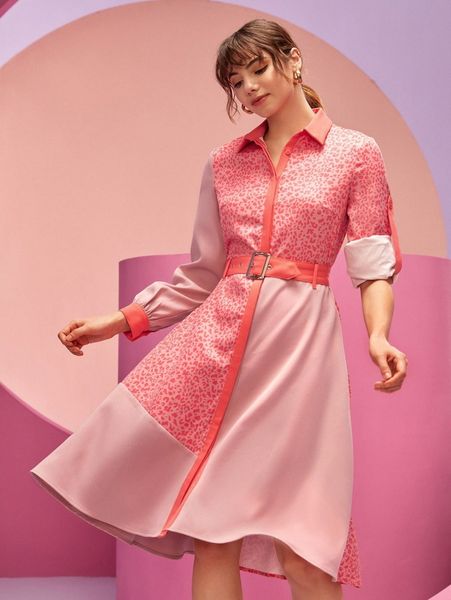 

x farah naz new york leopard print roll tab sleeve belted shirt dress t5hr#, Black;gray