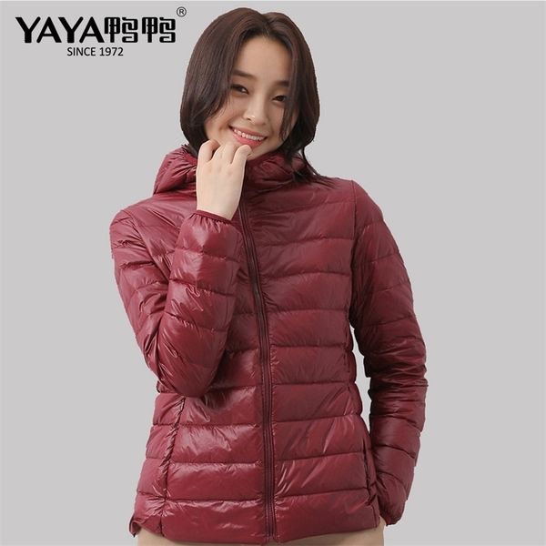 

yaya women's duck down coat lightweight short down jacket hooded slim outerwear waterproof windproof warm down wear lj201127, Black