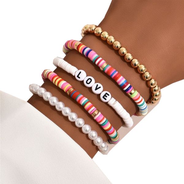 Bohemian Multicolor Pearl Soft Ceramed Strands Set for Women Fashion Colorful Beach Bracelets Couples Jewelry Gift 5PCS/SET