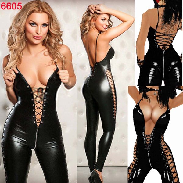 

new women costume pvc leather ladies open crotch latex zipper bodysuit catsuit erotic lingerie front to after lace-up clubwear, Black;white