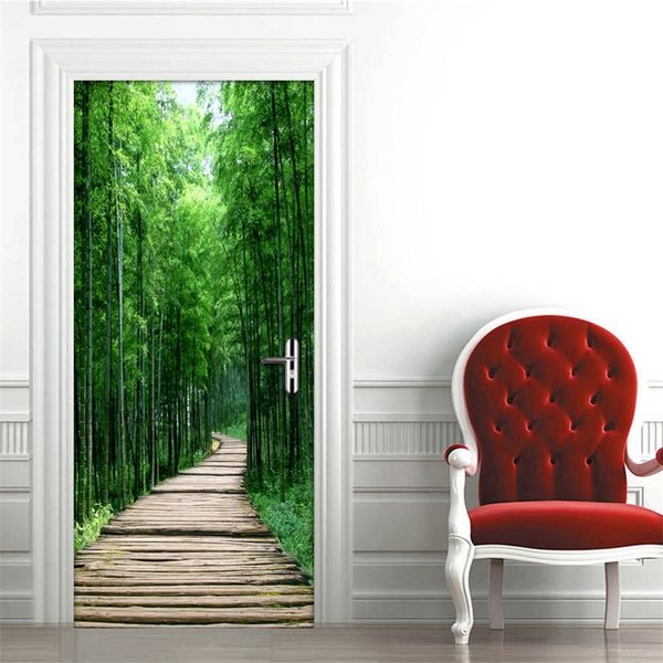 Criativo adesivo de porta 3D DIY Decoração Home Decoração auto-adesiva papel de parede floresta de bambu pequeno quarto de estrada Renovação Po Mural 220426