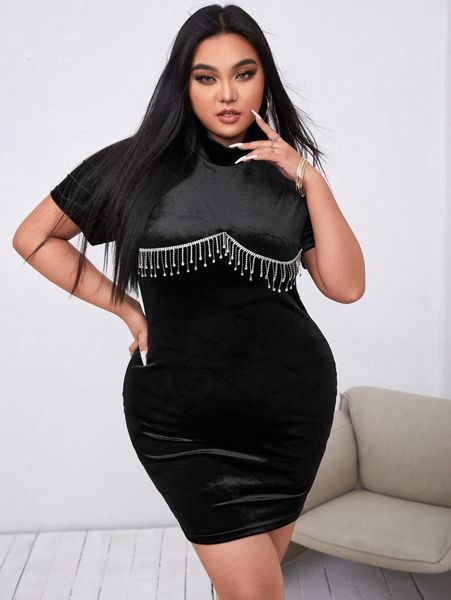

sxy plus rhinestone chain fringe trim mock neck velvet bodycon dress 22e5#, Black