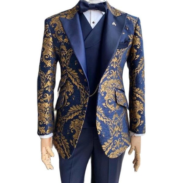 Jacquard-Smokinganzüge mit Blumenmuster für Herren, Hochzeit, schmale Passform, Marineblau und Gold, Gentleman-Jacke mit Weste und Hose, 3-teiliges Herrenkostüm 2208296E