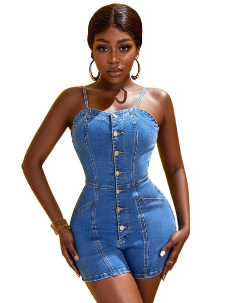 

sxy button front cami denim romper b6pc#, Black;white