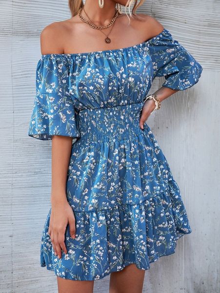 

floral print ruffle hem shirred off shoulder dress 41s6#, Black;gray