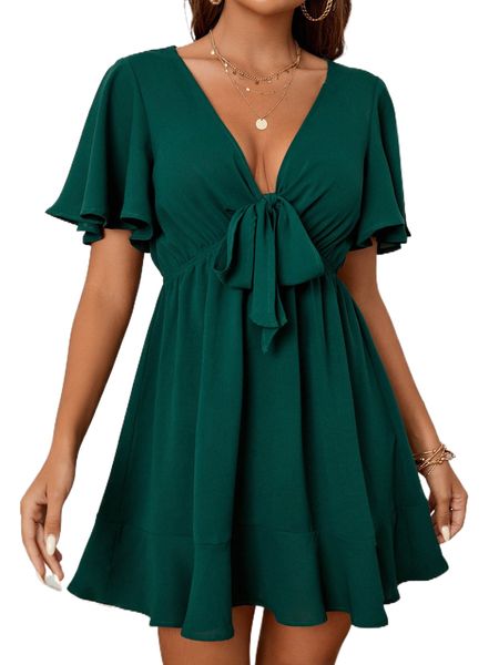 

butterfly sleeve plunging neck knot front ruffle hem dress r4my#, Black;gray