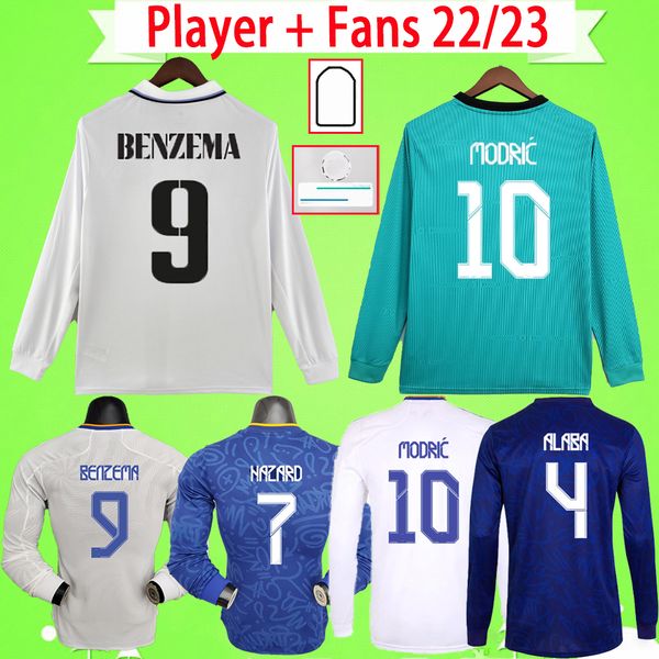 

player and fans version 2022 2023 madrid soccer jerseys long sleeve full home away 3rd bale camiseta mens 22 23 benzema football shirts haza, Black;yellow