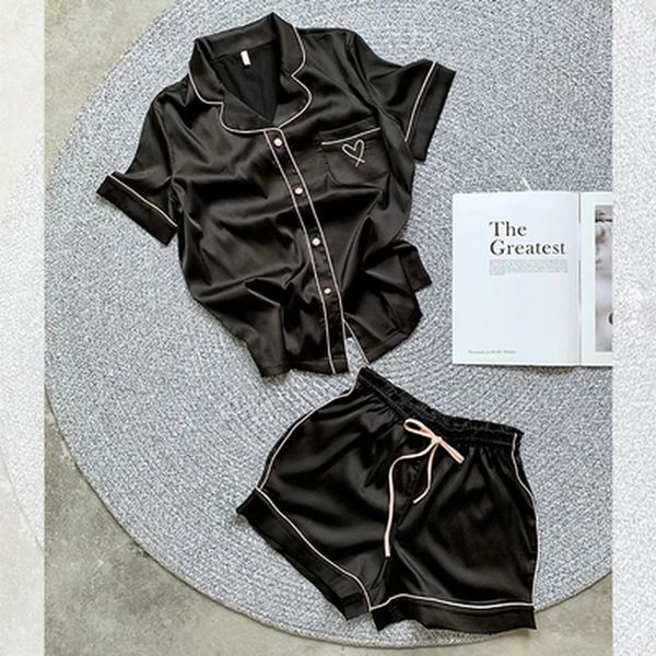 

silk pajamas for women home suit heart embroidered pyjamas pj set satin nightwear sleepwear pijama verano mujer 220712