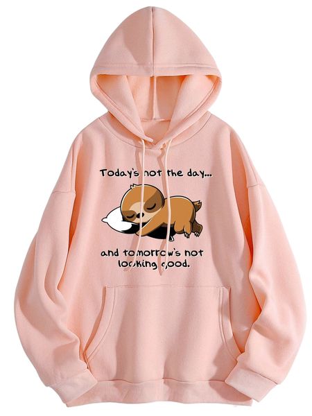 

cartoon & slogan thermal hoodie s9xy#, Black