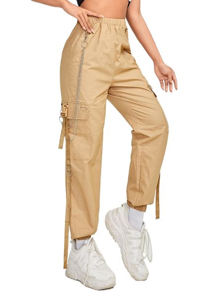 

petite flap pocket cargo pants with chain t8l5#, Black;white