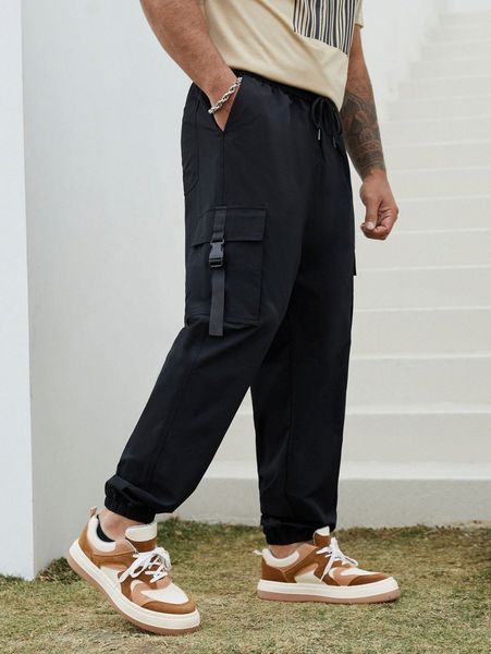 

extended sizes men buckle decor flap pocket drawstring cargoÂ pants o2tr#, Black
