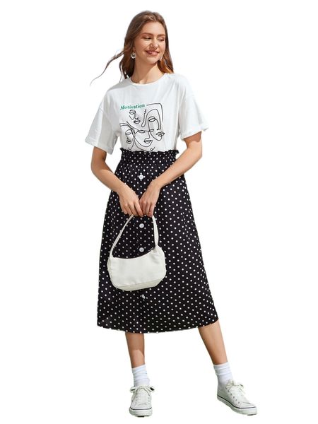 

letter & figure graphic drop shoulder tee & polka dot paperbag waist skirt p7w6#, White