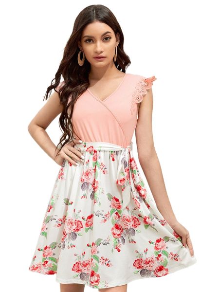 

1pc floral print wrap dress 84hv#, Black;gray