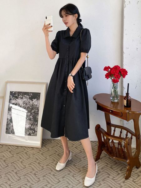

dazy single breasted puff sleeve smock dress m64o#, Black;gray