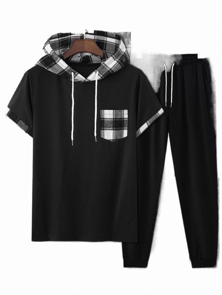 

men random plaid print drawstring hooded tee & sweatpants i3di#, Gray