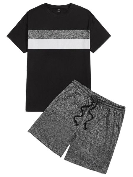 

men color block tee & marled drawstring shorts i75k#, Gray