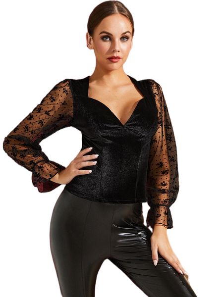 

sbetro contrast dobby mesh sweetheart neck flounce sleeve velvet 264r#, White