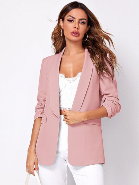 

shawl collar gathered sleeve flap detail blazer t81a#, White